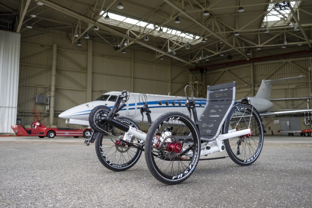 White Ti-FLY recumbent tricycle with front-suspension and rear suspension