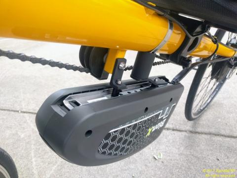 Bionx electric-assist battery centrally located on Bacchetta recumbent bike