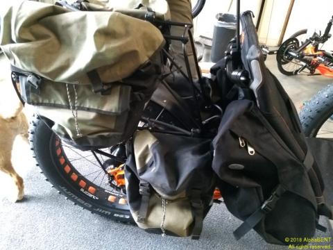 Ortlieb rear and front packs along with Radical seat sidebags (pods) give high carrying capacity